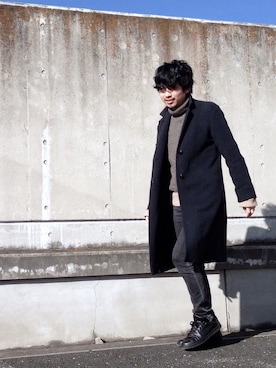 「JIL SANDER（ジルサンダー）のアイテム（チェスターコート）」を使った、rallyさん（メンズ・175cm）の冬コーディネート