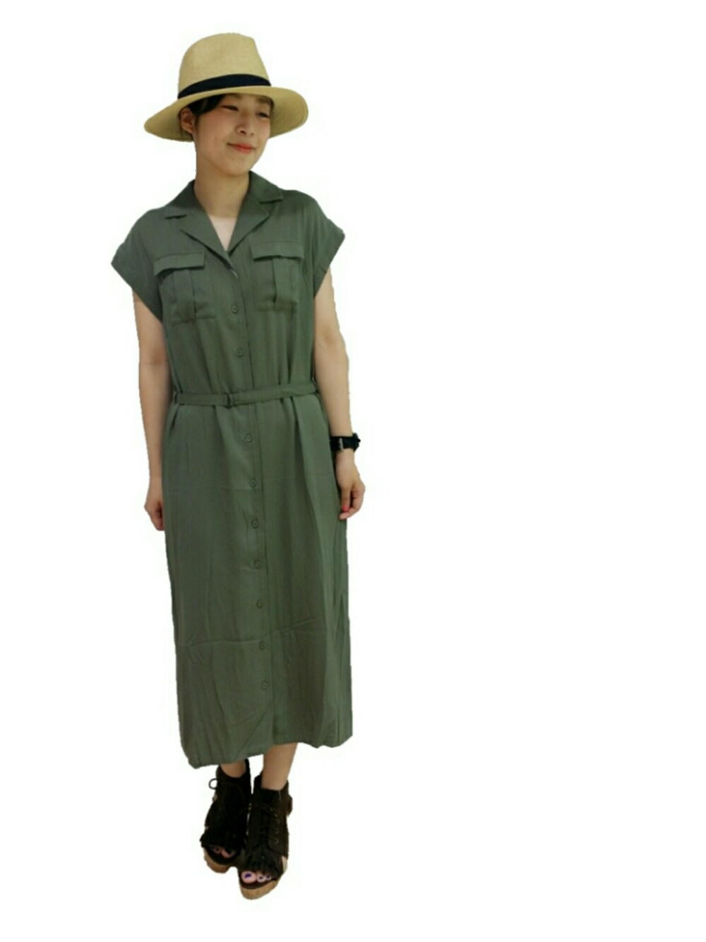 「179/WG、summer、autumn、onepiece、long、simple、earth color」｜「179/WGのペーパー中折れハット（ハット、ベージュ系）」を使った、mocoさん（レディース・160cm）の夏コーディネートの1枚目の写真