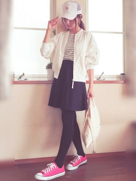 「アイテム（MA-1、ホワイト系）」を使った、mayuさん（レディース・165cm）の春コーディネート
