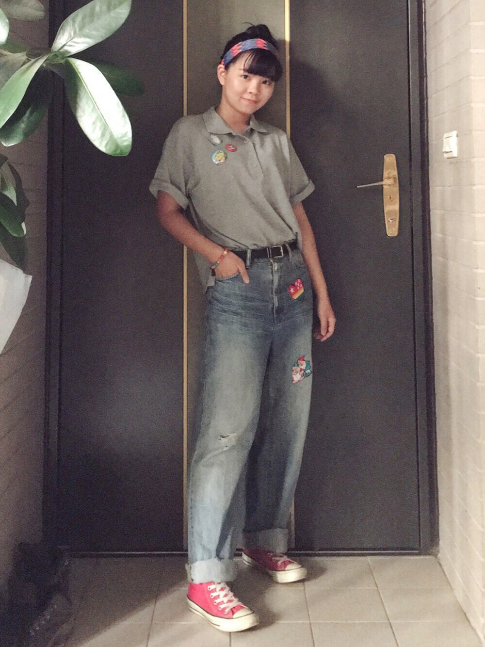 「autumn、denim、casual、rainbow」｜「Usedのアイテム（デニムパンツ、ブルー系）」を使った、びさん（レディース・157cm）の秋コーディネートの1枚目の写真