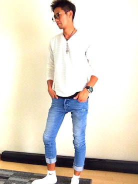 「VENCEEXCHANGE（ヴァンスエクスチェンジ）のアイテム（Tシャツ/カットソー、ホワイト系）」を使った、ryu.kさん（メンズ・177cm）の秋コーディネート