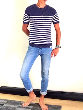 「AZUL by moussy（アズールバイマウジー）のアイテム（Tシャツ/カットソー、ブルー系）」を使った、ryu.kさん（メンズ・177cm）の秋コーディネート