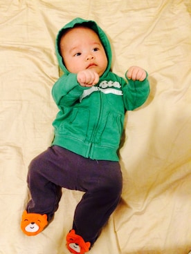 「アイテム（ママ＆ベビー、グリーン系）」を使った、ツーツーさん（キッズ・60cm）の春コーディネート