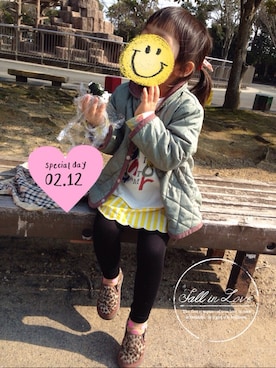 「アイテム（ナイロンジャケット、グリーン系）」を使った、mz.さん（キッズ・100cm）の冬コーディネート