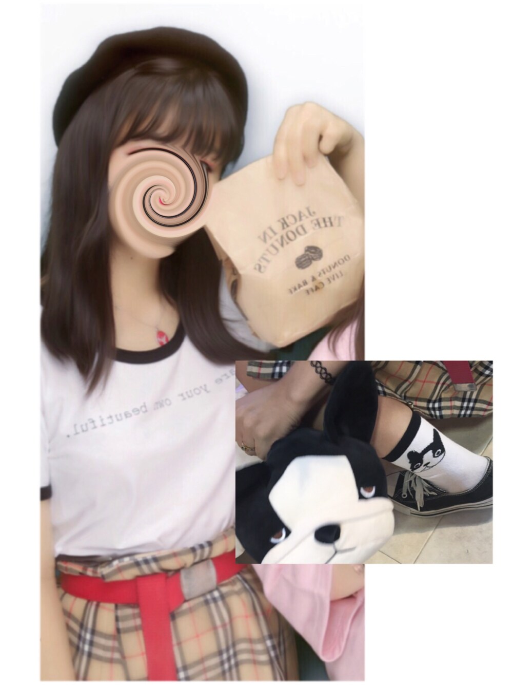 「H&M、burberry、古着、ベレー帽、ガチャベルト、フレンチブルドッグ、コンバース」｜「H&Mのアイテム（Tシャツ/カットソー、ホワイト系）」を使った、マナミチャンさん（レディース・152cm）の秋コーディネートの1枚目の写真