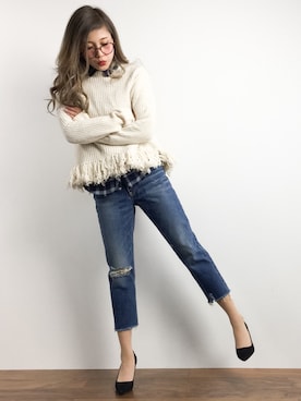 「PLAIN CLOTHING（プレーンクロージング）のアイテム（パンプス）」を使った、馬詰麿帆さん（レディース・157cm）の冬コーディネート