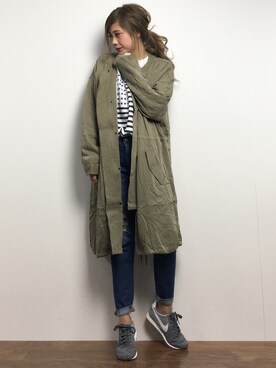 「NANO universe（ナノユニバース）のアイテム（モッズコート）」を使った、馬詰麿帆さん（レディース・157cm）の冬コーディネート