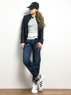 「Ray BEAMS（レイビームス）のアイテム（ライダースジャケット）」を使った、馬詰麿帆さん（レディース・157cm）の冬コーディネート