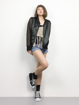 「ANAP（アナップ）のアイテム（ブルゾン）」を使った、馬詰麿帆さん（レディース・157cm）の春コーディネート