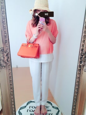 「アイテム（トートバッグ、オレンジ系）」を使った、hitomiさん（レディース・155cm）の夏コーディネート