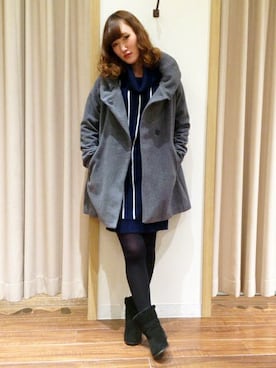 「ストライプワンピース」｜「アイテム（ダッフルコート）」を使った、marucoさん（レディース・161cm）の冬コーディネート