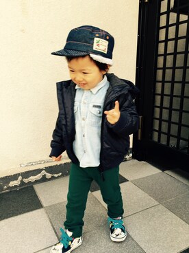 「ZARA（ザラ）のアイテム（ダウンジャケット/コート、ブラック系）」を使った、ryu☻genさん（キッズ・90cm）の冬コーディネート