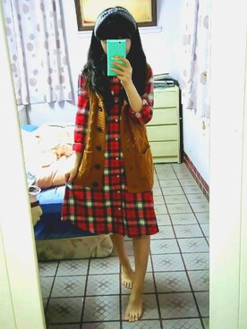 「アイテム（シャツワンピース、レッド系）」を使った、mayligoさん（レディース・149cm）の冬コーディネート