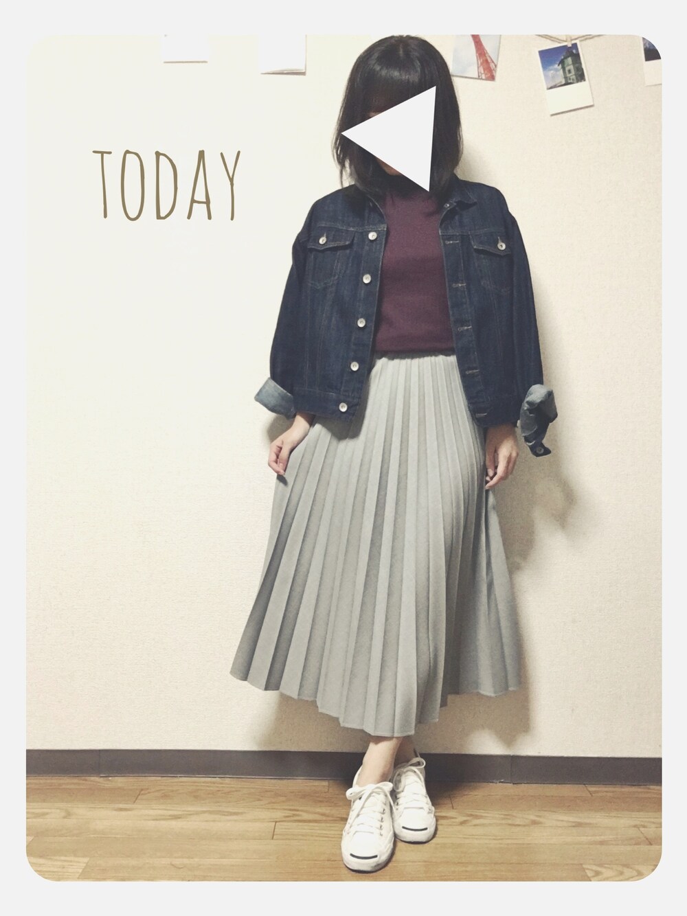 「秋のコーデ、大人カジュアル、秋、デニム、プリーツスカート、UNIQLO、w closet、スニーカー」｜「w closetの10ozスラブデニムGジャン（トップス、ブルー系）」を使った、ma sa miさん（レディース・152cm）の秋コーディネートの1枚目の写真