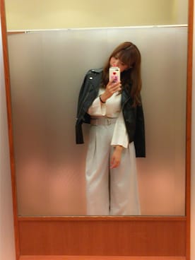 「フレアスリーブ」｜「アイテム（ライダースジャケット）」を使った、Chiho♡さん（レディース・163cm）の秋コーディネート