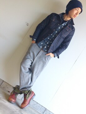 「Timberland（ティンバーランド）のアイテム（ブーツ、レッド系）」を使った、直くん。さん（メンズ・171cm・20代）の冬コーディネート
