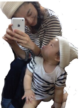 「B:MING by BEAMS（ビーミングバイビームス）のアイテム（ニットキャップ/ビーニー、ホワイト系）」を使った、Keiiitoooさん（キッズ・70cm）の秋コーディネート