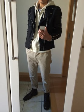 「UNUSED（アンユーズド）のアイテム（ライダースジャケット）」を使った、takさん（メンズ・179cm）の春コーディネート