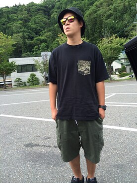 「Back Channel（バックチャンネル）のBCカモポケットT（Tシャツ/カットソー、ブラック系）」を使った、daichiさん（メンズ・180cm）の夏コーディネート