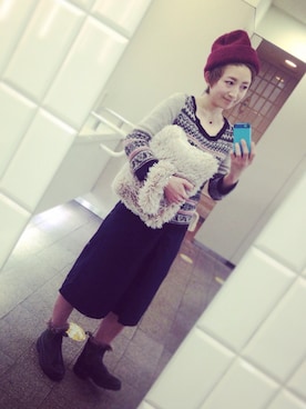 「カウチンセーター」｜「アイテム（クラッチバッグ）」を使った、ayamiiiiさん（レディース・159cm）の冬コーディネート