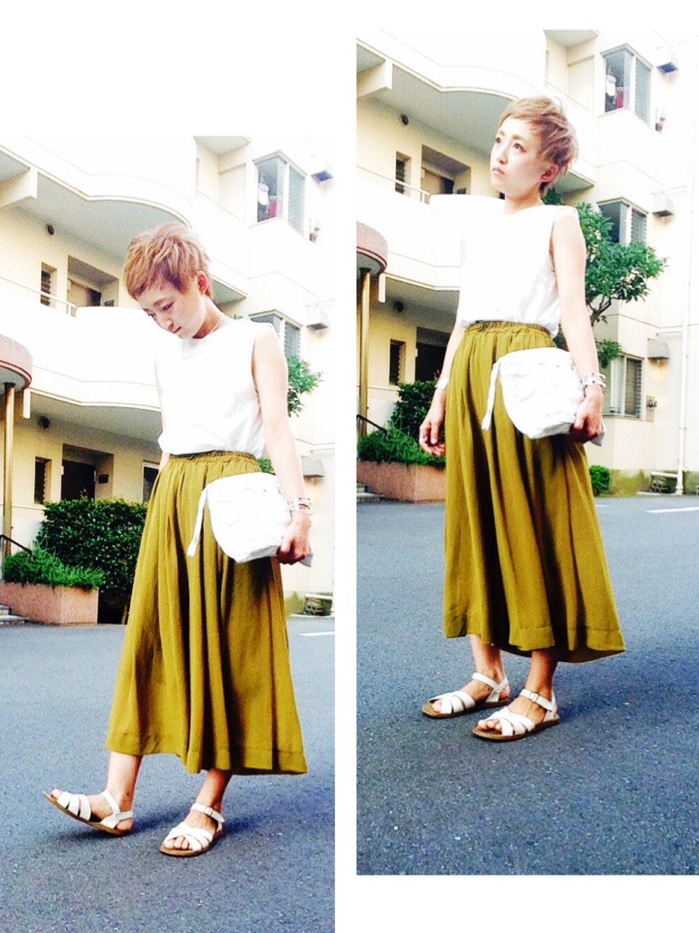 ホワイト系のサンダル、グリーン系のその他パンツ、ホワイト系のクラッチバッグを着用したレディースの夏コーディネートの1枚目の写真