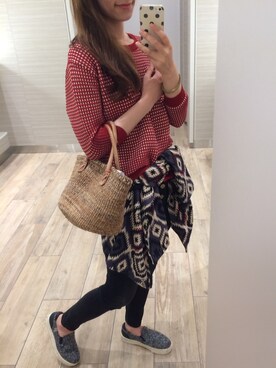 「ZARA（ザラ）のアイテム（ニット/セーター、レッド系）」を使った、Cy さん（レディース・157cm）の夏コーディネート