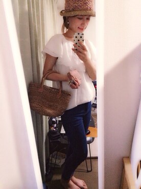 「bulle de savon（ビュルデサボン）のケニアバナナ      かごBAG(小)（トートバッグ、ベージュ系）」を使った、Cy さん（レディース・157cm）の夏コーディネート