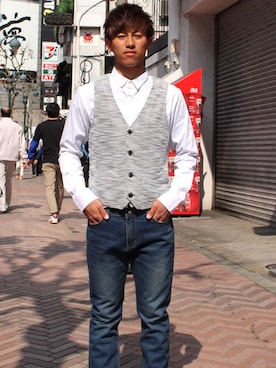 「アイテム（ベスト）」を使った、Cuirs（キュイー）専属モデルさん（メンズ・168cm・10代）の春コーディネート