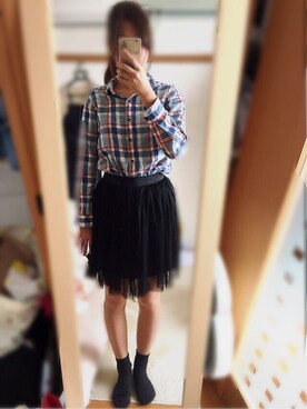 「UNIQLO（ユニクロ）のアイテム（シャツ/ブラウス、ブルー系）」を使った、mnさん（レディース・163cm）の秋コーディネート
