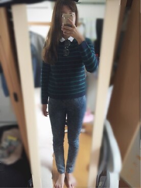「GU（ジーユー）のアイテム（ニット/セーター、グリーン系）」を使った、mnさん（レディース・163cm）の秋コーディネート