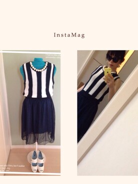「HONEY MI HONEY（ハニーミーハニー）のパールネックtops（ニット/セーター、その他）」を使った、maaakimaaakiさん（レディース・152cm）の夏コーディネート