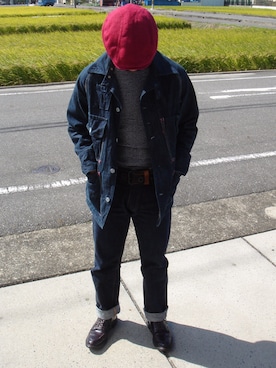 「EVISU（エヴィス）のアイテム（カバーオール、ブルー系）」を使った、Kazmaさん（メンズ・169cm）の秋コーディネート