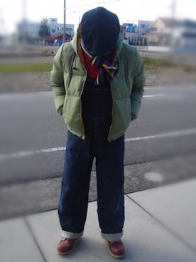「EVISU（エヴィス）のアイテム（サロペット/オーバーオール、ブルー系）」を使った、Kazmaさん（メンズ・169cm）の冬コーディネート