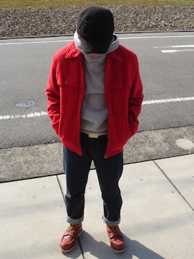 「EVISU（エヴィス）のアイテム（ブルゾン、レッド系）」を使った、Kazmaさん（メンズ・169cm）の冬コーディネート