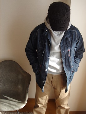 「EVISU（エヴィス）のアイテム（カバーオール、ブルー系）」を使った、Kazmaさん（メンズ・169cm）の冬コーディネート