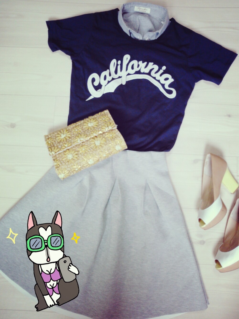 「クラッチバッグ」｜「DRESSLAVEのSugar Rose / california logo tee（Tシャツ/カットソー、ブルー系）」を使った、しいちゃんさん（レディース・158cm）の夏コーディネートの1枚目の写真