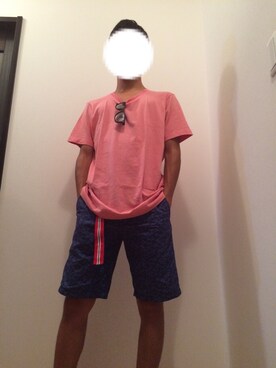 「UNIQLO（ユニクロ）のMEN スーピマコットンクルーネックT（半袖）A（Tシャツ/カットソー、ピンク系）」を使った、Ta-sanさん（メンズ・175cm）の夏コーディネート