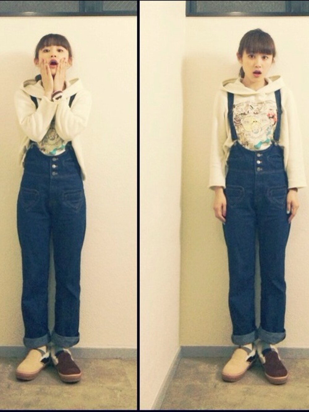 「VANS、cher、deicy」｜「UNIQLOのUNIQLOのDisneyパーカー（パーカー、ホワイト系）」を使った、高橋愛さん（レディース・154cm）の春コーディネートの1枚目の写真
