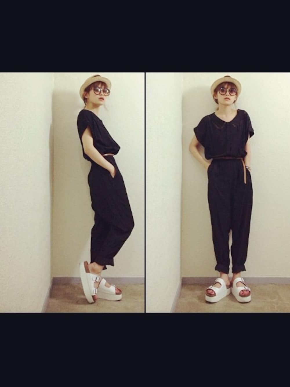 「オールインワン、サングラス、FREE'S SHOP、ジェフリーキャンベル(Jeffrey Campbell)、ストローハット、麦わら帽子、黒×白、Cher×CA4LA」｜「FREE'S SHOPのFREE'S SHOPで買ったオールインワン♡（サロペット/オーバーオール、ブラック系）」を使った、高橋愛さん（レディース・154cm）の夏コーディネートの1枚目の写真