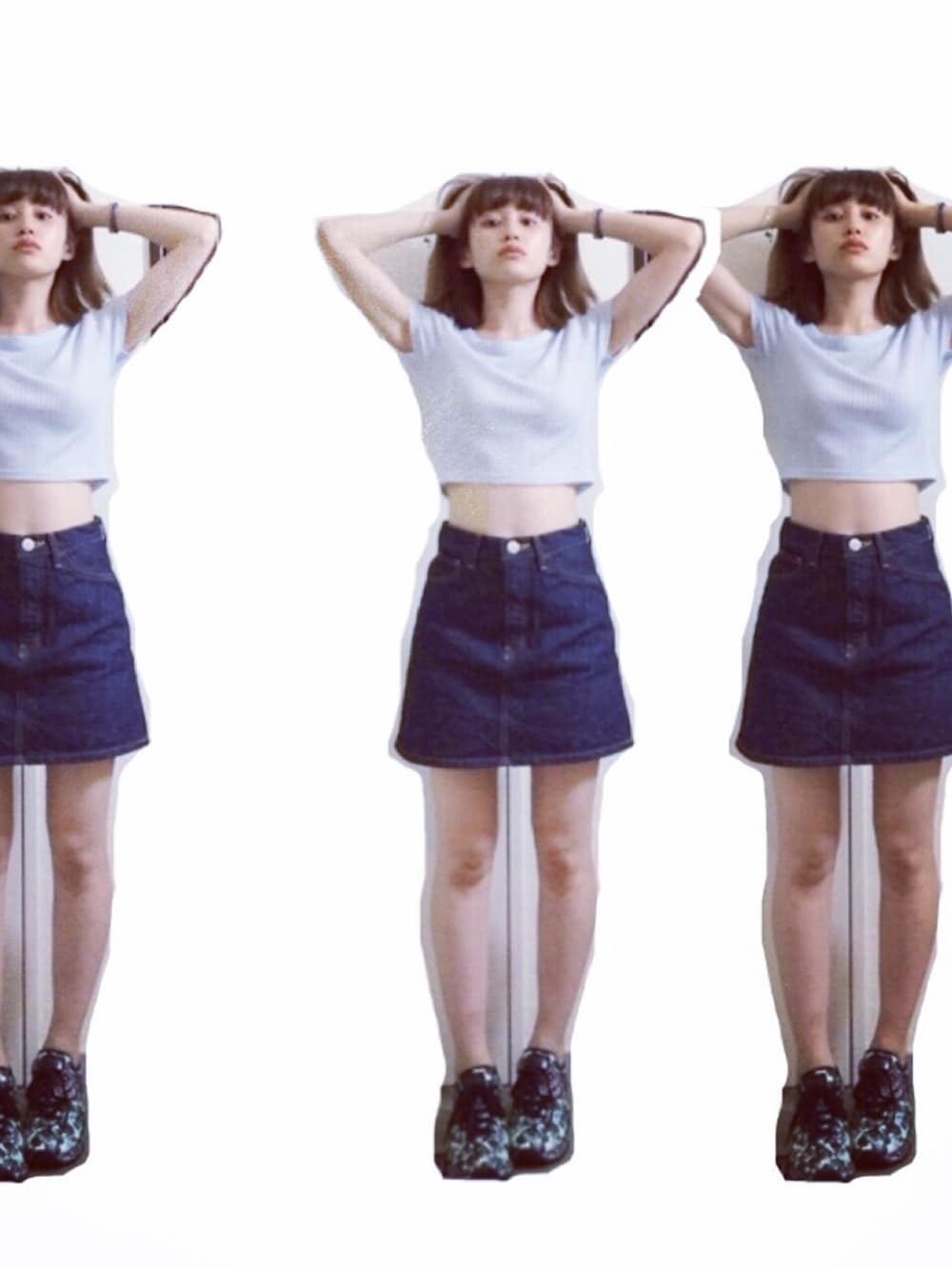 「ミキティ、ヨガ、メンテナンスデー、腹見せ、TOPSHOP、SLY、デニムスカート、オニツカタイガー」｜「TOPSHOPのTOPSHOPのピタT。

ブルーグレーのなんとも言えない色に惚れて、またまた形違いで買っちゃいました😂

やっぱりこの形好き♡
（Tシャツ/カットソー、グレー系）」を使った、高橋愛さん（レディース・154cm）の夏コーディネートの1枚目の写真