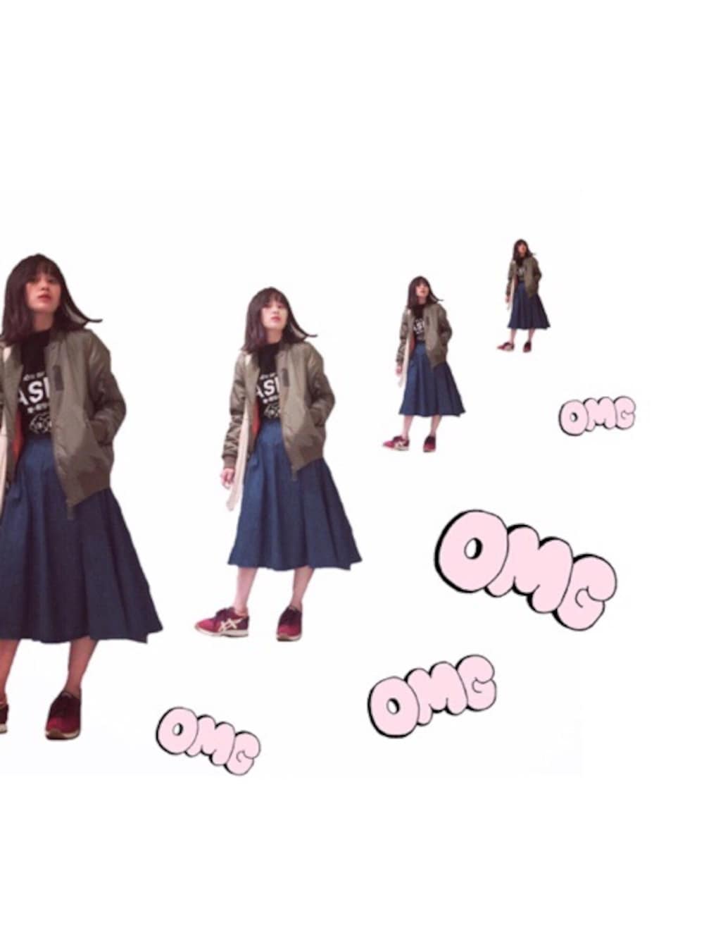「MA-1、ootd、LOWRYS FARM、ミモレ丈スカート、オニツカタイガー、Onitsuka Tiger、スニーカー」｜「KUMATANのアイテム（Tシャツ/カットソー、ブラック系）」を使った、高橋愛さん（レディース・154cm）の春コーディネートの1枚目の写真