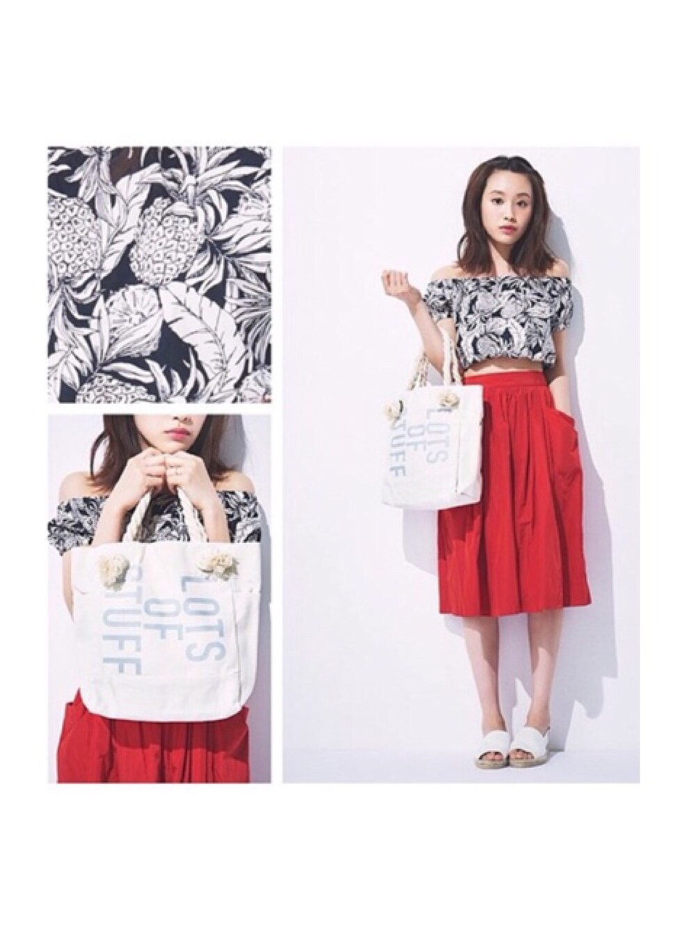「PeachJohn、ピーチジョン、Peach John、高橋愛、パイナップル柄、赤いスカート」｜「PEACH JOHNのロープハンドルキャンバストートシスター（Ｍ）（トートバッグ、ブルー系）」を使った、高橋愛さん（レディース・154cm）の夏コーディネートの1枚目の写真