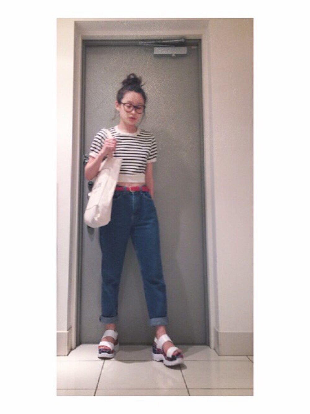 「CANDI、NATSU、LOVE、デニム、ハイウエスト、American Apparel、厚底、ジェフリーキャンベル(Jeffrey Campbell)」｜「American Apparelのアメアパのセットアップ。（その他トップス、その他）」を使った、高橋愛さん（レディース・154cm）の夏コーディネートの1枚目の写真