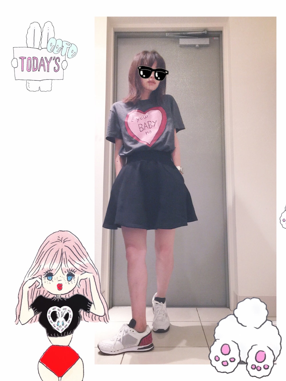 「LOVE&PEACH、サーキュラースカート、スエットスカート、ポケットもついてるよ、鈴木えみ、EMI SUZUKI、GAP、Onitsuka Tiger、オニツカタイガー、PeachJohn」｜「PEACH JOHNのLOVE & PEACH／スウェットフレアスカート（スカート、ブラック系）」を使った、高橋愛さん（レディース・154cm）の秋コーディネートの1枚目の写真