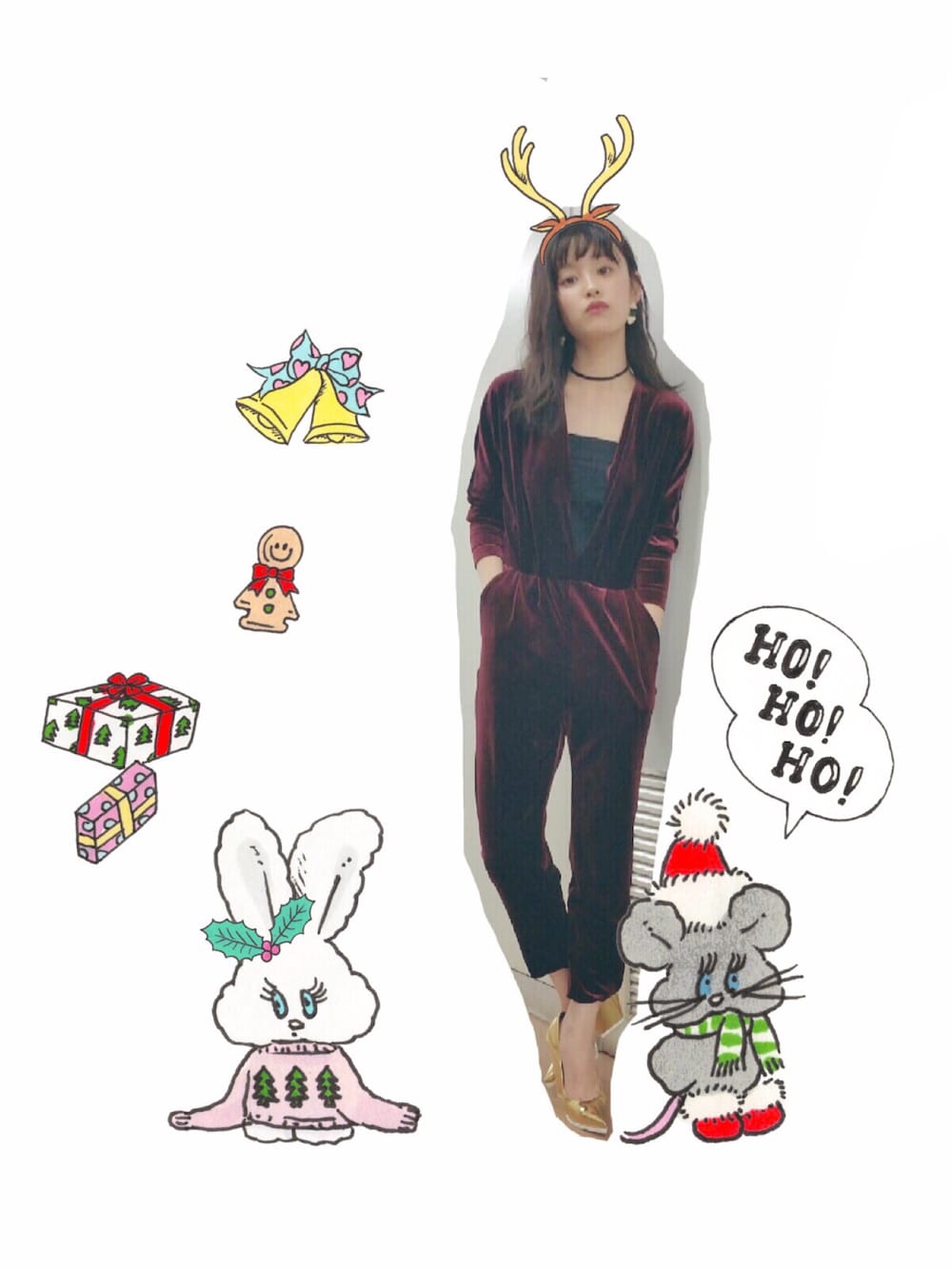 「American Apparel、オールインワン、ベロア素材、MUSIC JAPAN、モーニング娘。、モーニング娘。'15、CELINE、ゴールド、heels、H&M」｜「American Apparelのアイテム（つなぎ/オールインワン、レッド系）」を使った、高橋愛さん（レディース・154cm）の冬コーディネートの1枚目の写真