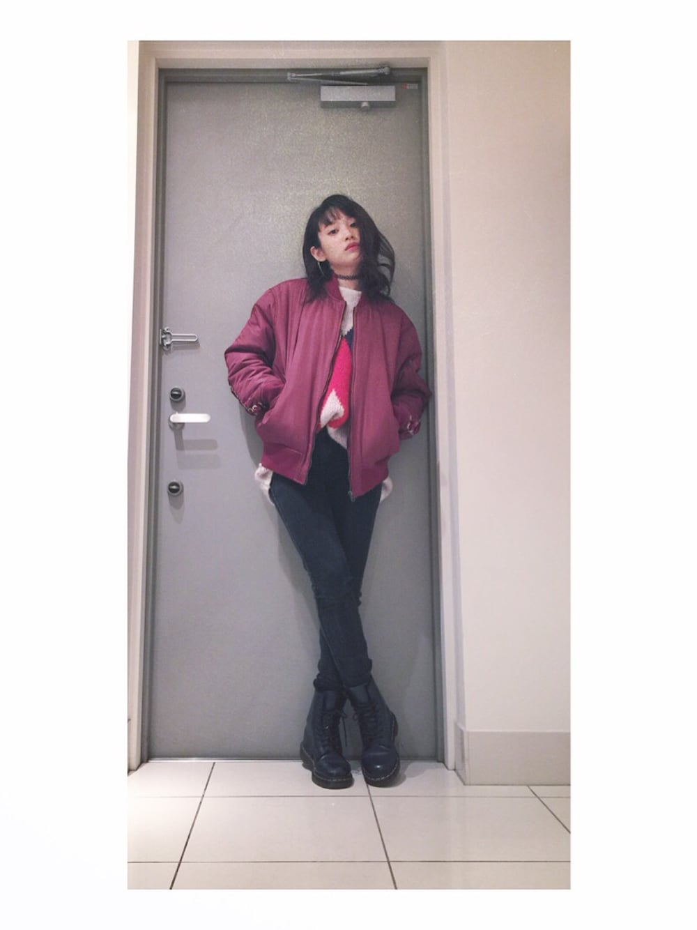 「MA-1、PeachJohn、ラブアンドピーチ、高橋愛、American Apparel、skinny、Dr.Martens」｜「PEACH JOHNのLOVE & PEACH／レースアップＭＡ－１（MA-1、レッド系）」を使った、高橋愛さん（レディース・154cm）の冬コーディネートの1枚目の写真