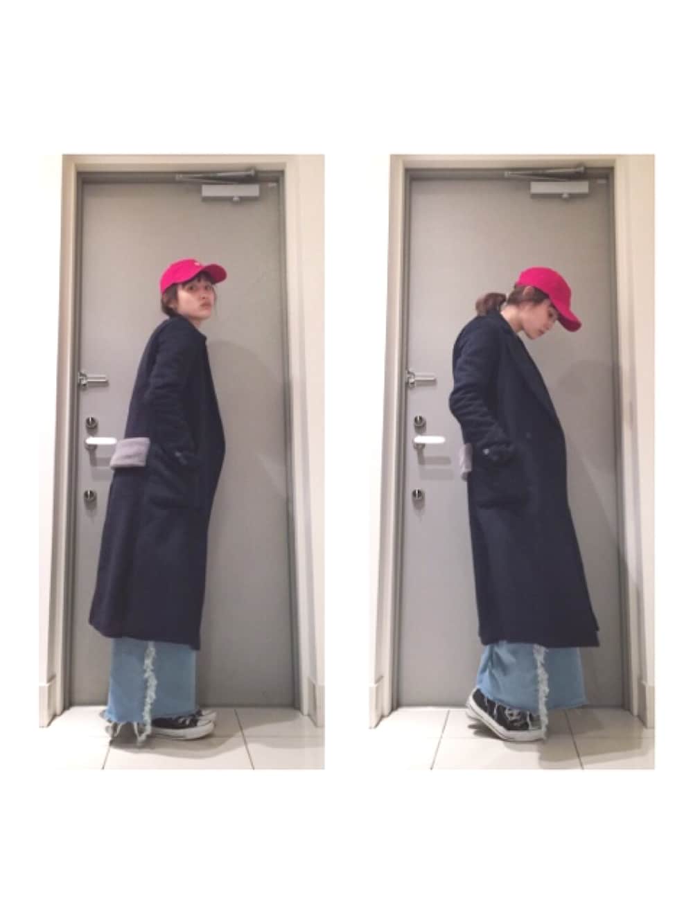 「NEW ERA、BEAMS、コラボ、赤、キャップ、jouetie、仲里依紗、Cry.」｜「made in HEAVENのBIRD COAT（チェスターコート、ブルー系）」を使った、高橋愛さん（レディース・154cm）の冬コーディネートの1枚目の写真