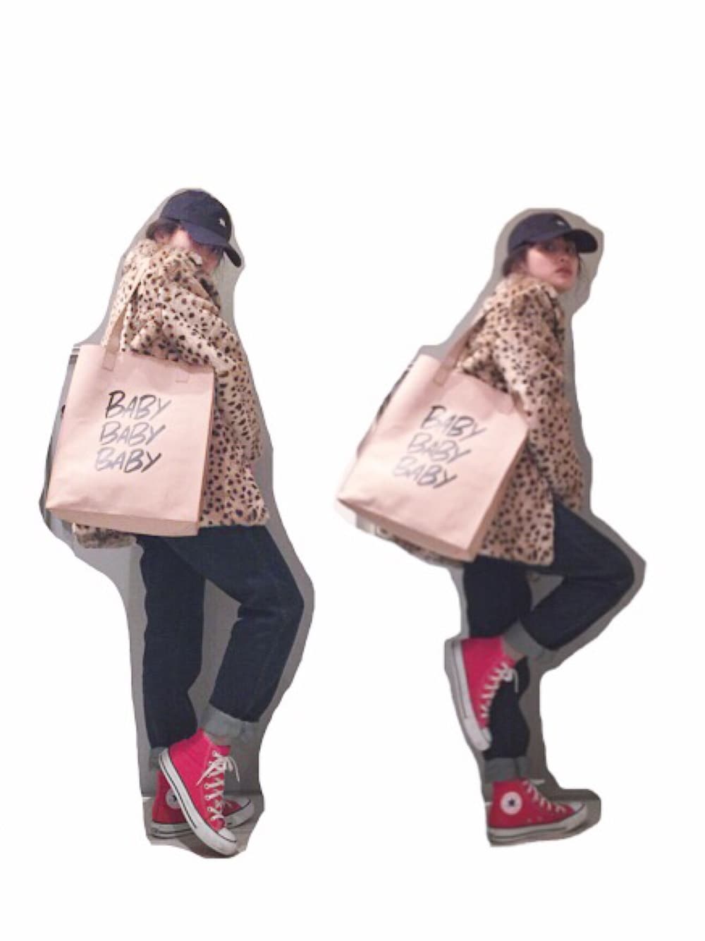 「CATCOPY、トートバッグ、baby、コンバース、GAP、オーバーオール、デニム」｜「CONVERSEのCONVERSE / CVS ALL STAR HI（スニーカー、レッド系）」を使った、高橋愛さん（レディース・154cm）の冬コーディネートの1枚目の写真