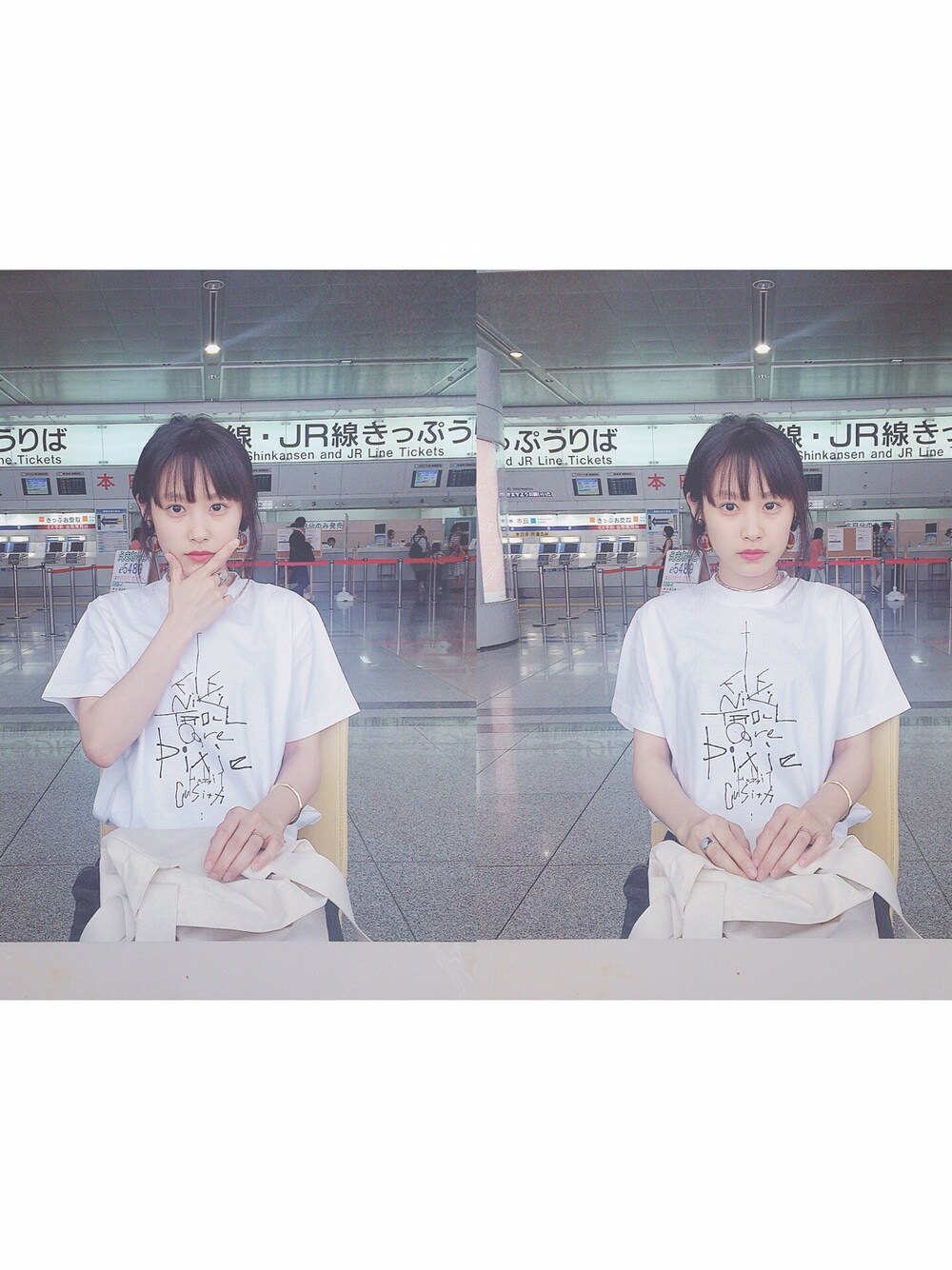 「ゆるコーデ、シンプルスタイル、デニム、ナチュラル、白Tシャツ、CATCOPY、高橋愛、品川駅、pluie、プリュイ」｜「CATCOPYのアイテム（Tシャツ/カットソー、ホワイト系）」を使った、高橋愛さん（レディース・154cm）の夏コーディネートの1枚目の写真