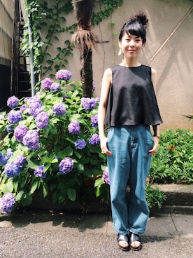 「My Fav. CHILD WOMAN（マイファブチャイルドウーマン）のアイテム（デニムパンツ）」を使った、nabemiさん（レディース・159cm）の夏コーディネート